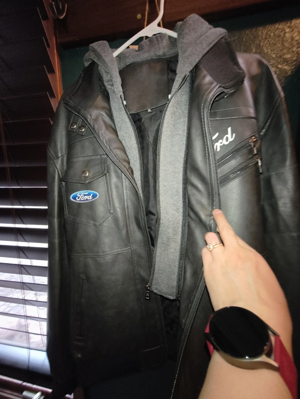 Ford Men's Black Hooded Faux Leather Jacket - Picture 2 of 8